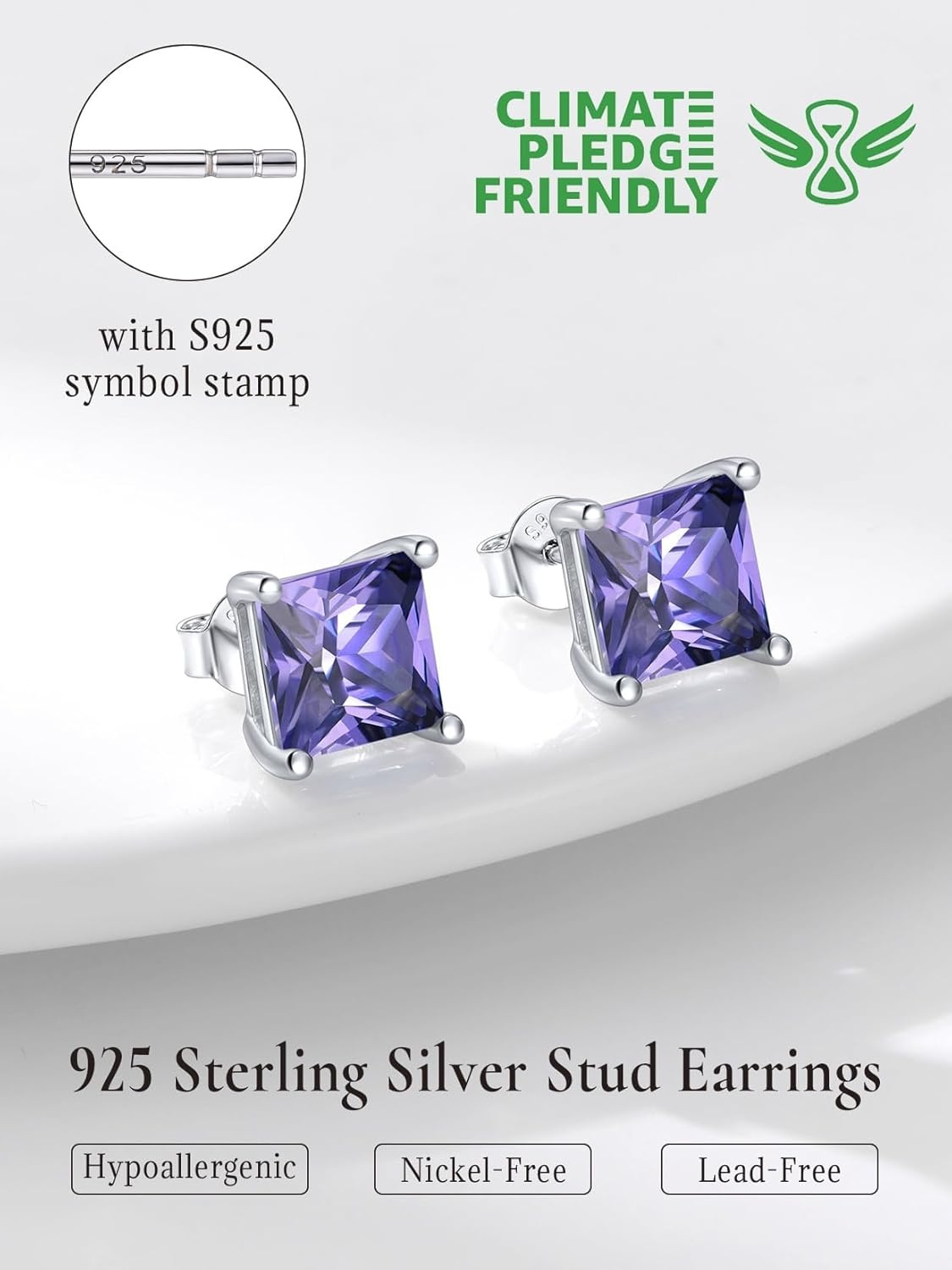 imageSILVERCUTE 925 Sterling Silver 2ct Birthstone Stud EarringsHypoallergenic RoundHeartSquare Birthstone Earrings for Women Birthday Christmas Jewelry06JuneAlexandriteSquare