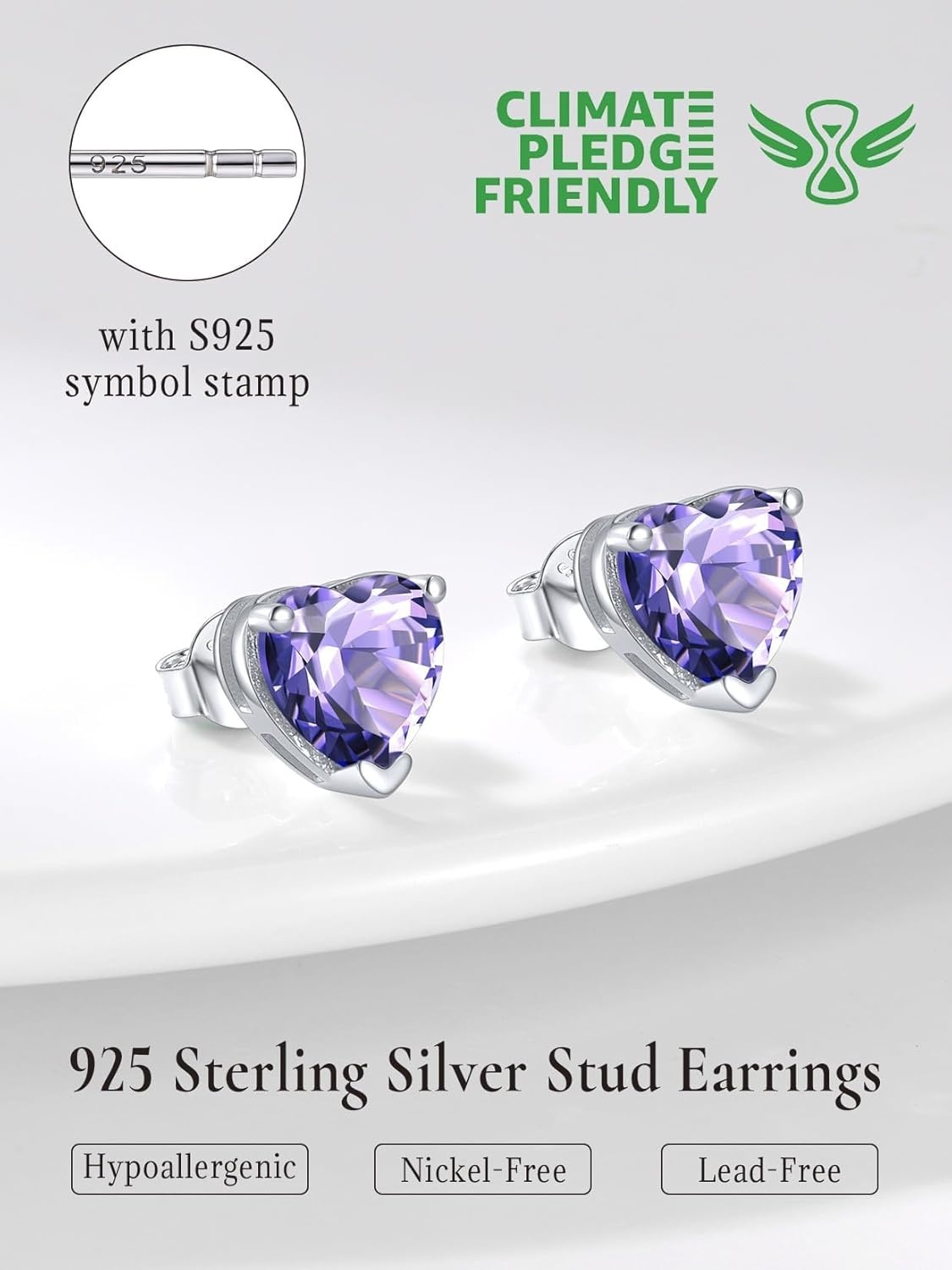 imageSILVERCUTE 925 Sterling Silver 2ct Birthstone Stud EarringsHypoallergenic RoundHeartSquare Birthstone Earrings for Women Birthday Christmas Jewelry06JuneAlexandriteHeart