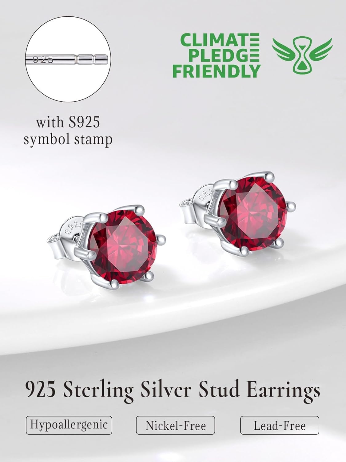 imageSILVERCUTE 925 Sterling Silver 2ct Birthstone Stud EarringsHypoallergenic RoundHeartSquare Birthstone Earrings for Women Birthday Christmas Jewelry07JulyRubyRound