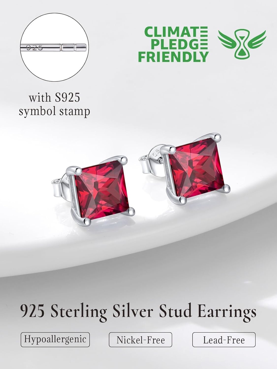 imageSILVERCUTE 925 Sterling Silver 2ct Birthstone Stud EarringsHypoallergenic RoundHeartSquare Birthstone Earrings for Women Birthday Christmas Jewelry07JulyRubySquare