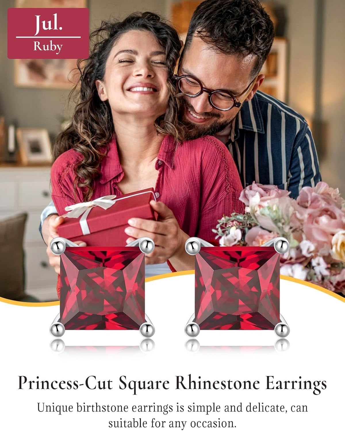 imageSILVERCUTE 925 Sterling Silver 2ct Birthstone Stud EarringsHypoallergenic RoundHeartSquare Birthstone Earrings for Women Birthday Christmas Jewelry07JulyRubySquare