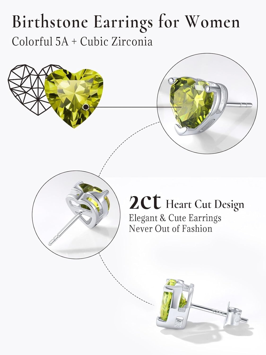 imageSILVERCUTE 925 Sterling Silver 2ct Birthstone Stud EarringsHypoallergenic RoundHeartSquare Birthstone Earrings for Women Birthday Christmas Jewelry08AugustPeridotHeart
