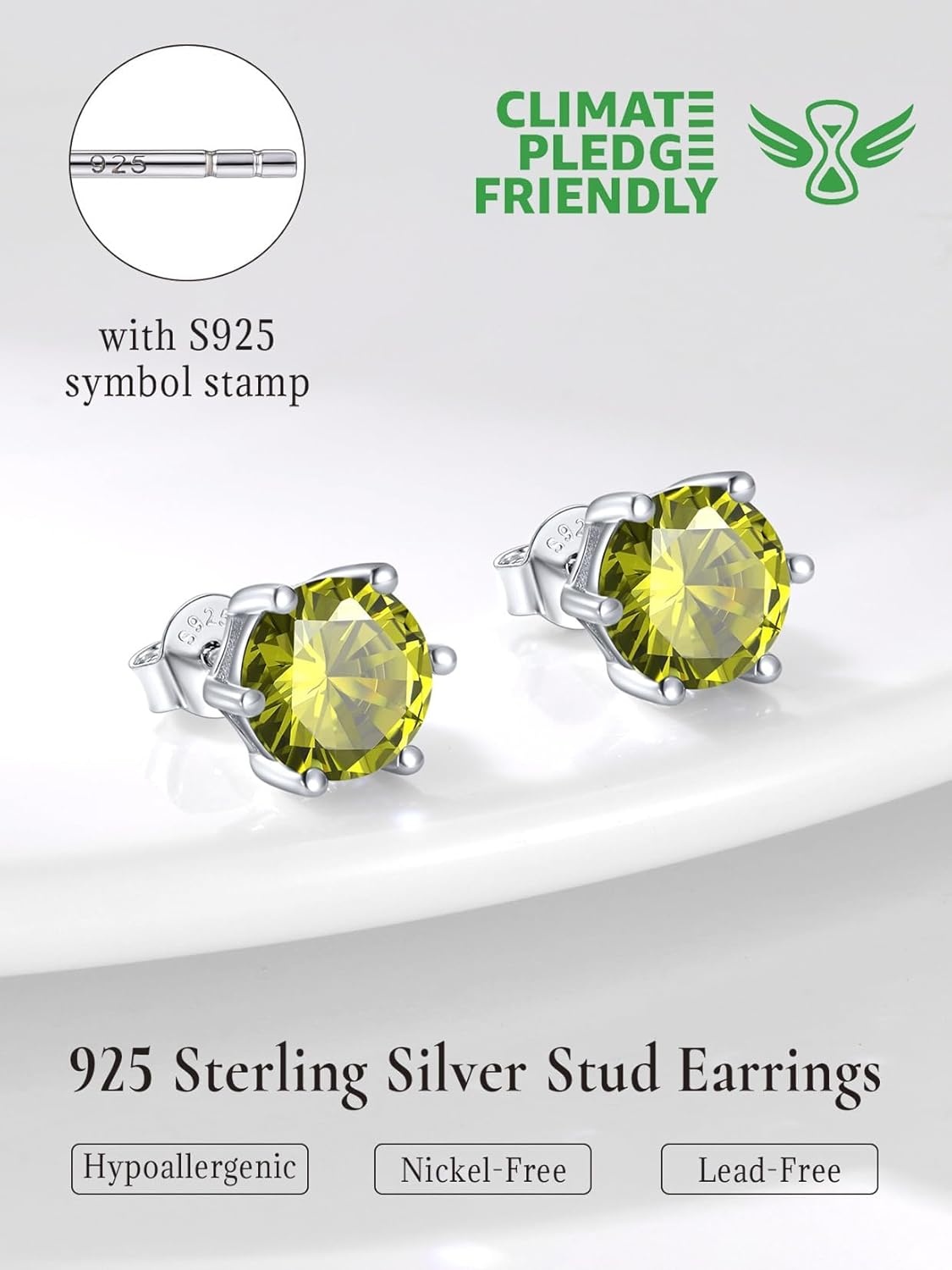 imageSILVERCUTE 925 Sterling Silver 2ct Birthstone Stud EarringsHypoallergenic RoundHeartSquare Birthstone Earrings for Women Birthday Christmas Jewelry08AugustPeridotRound
