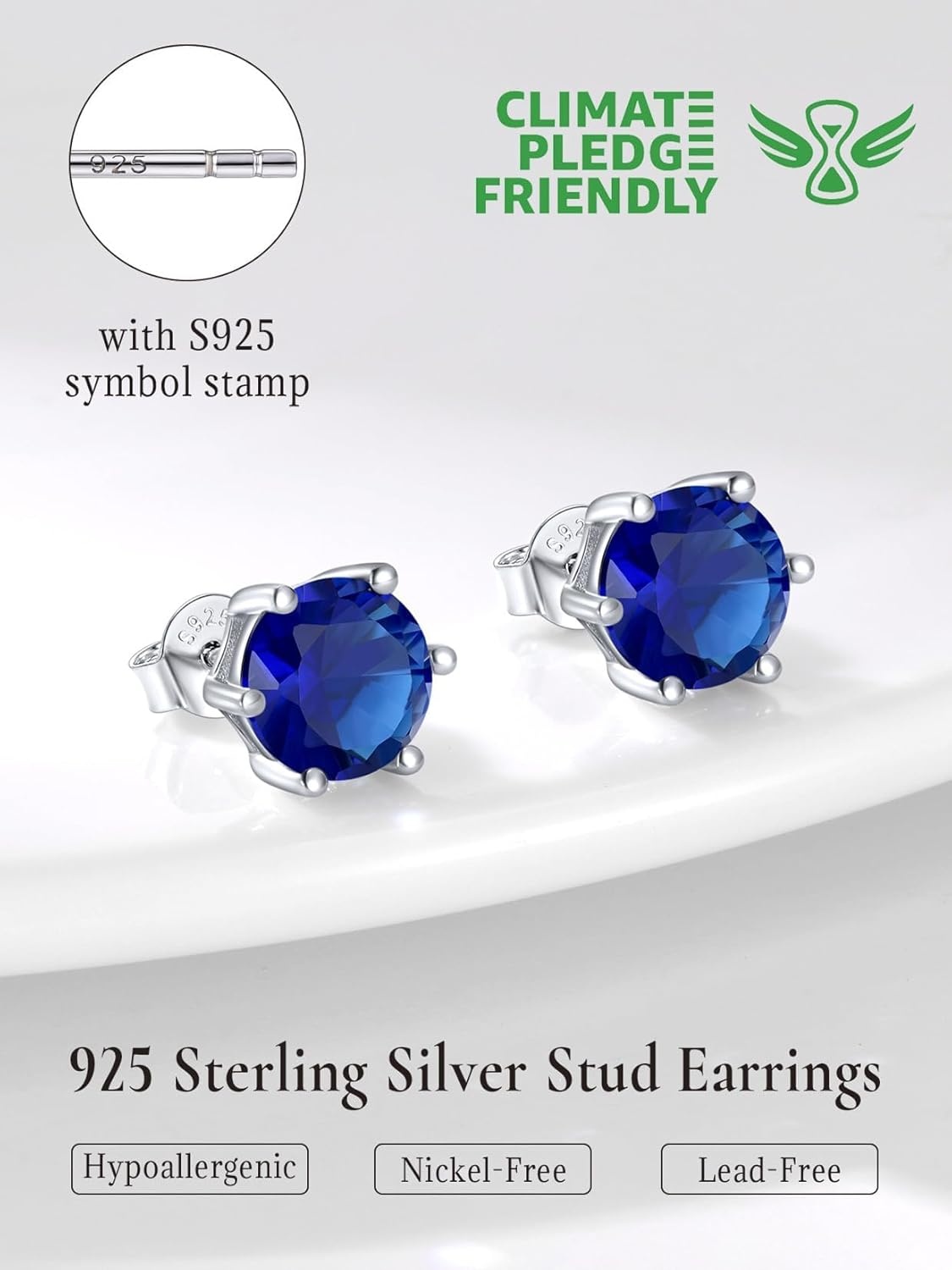 imageSILVERCUTE 925 Sterling Silver 2ct Birthstone Stud EarringsHypoallergenic RoundHeartSquare Birthstone Earrings for Women Birthday Christmas Jewelry09SeptemberSapphireRound