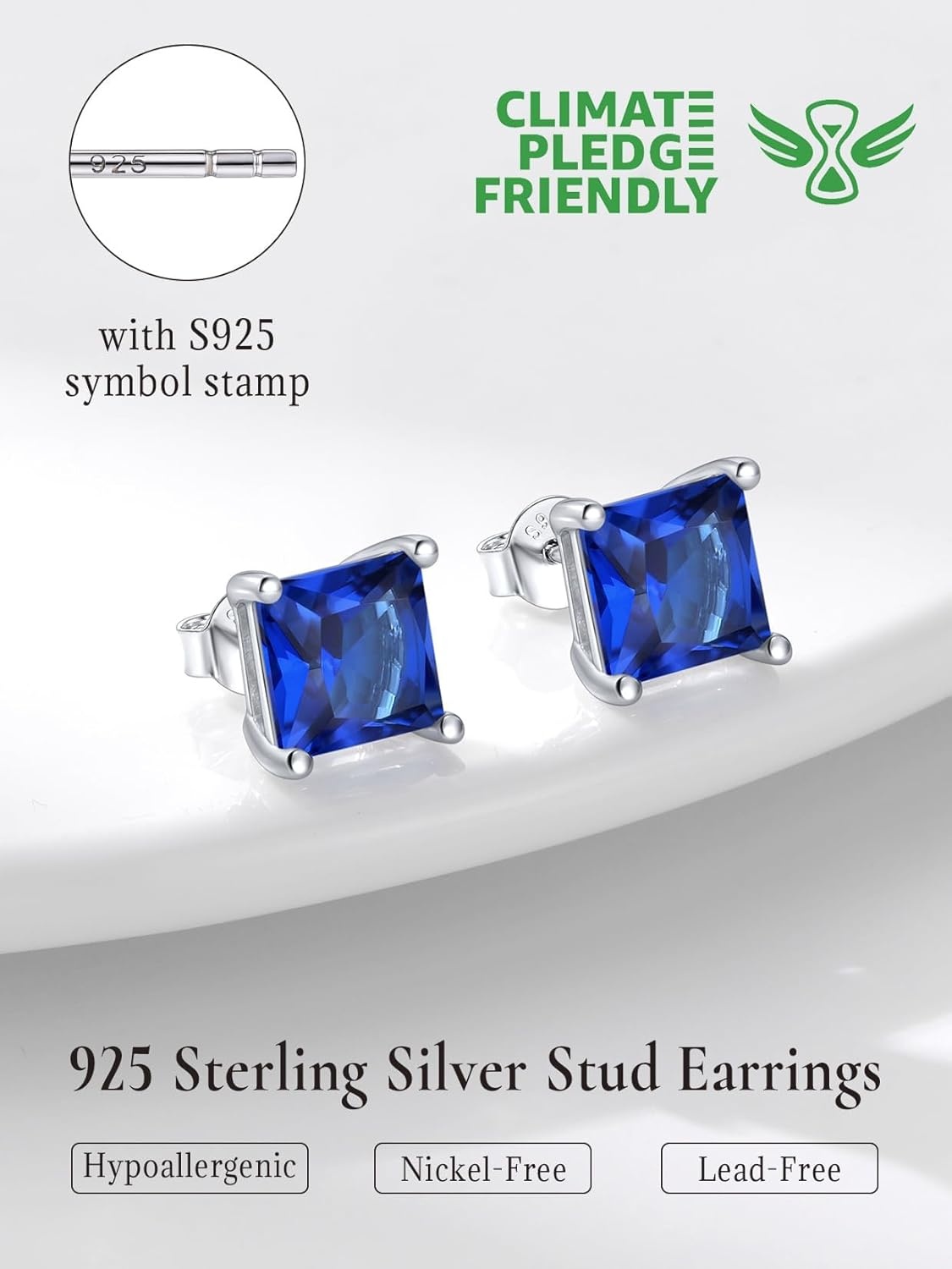 imageSILVERCUTE 925 Sterling Silver 2ct Birthstone Stud EarringsHypoallergenic RoundHeartSquare Birthstone Earrings for Women Birthday Christmas Jewelry09SeptemberSapphireSquare