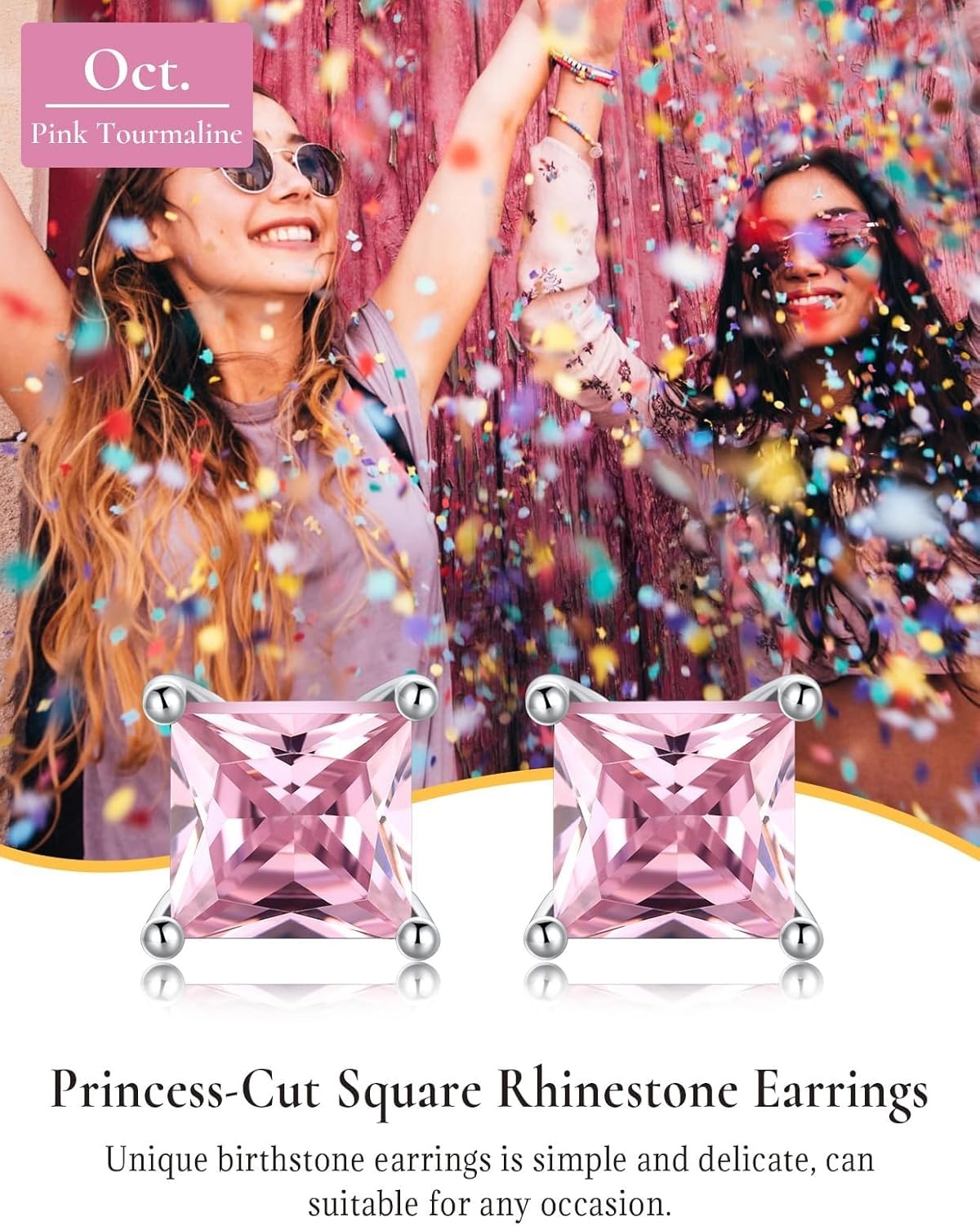imageSILVERCUTE 925 Sterling Silver 2ct Birthstone Stud EarringsHypoallergenic RoundHeartSquare Birthstone Earrings for Women Birthday Christmas Jewelry10OctoberPink TourmalineSquare