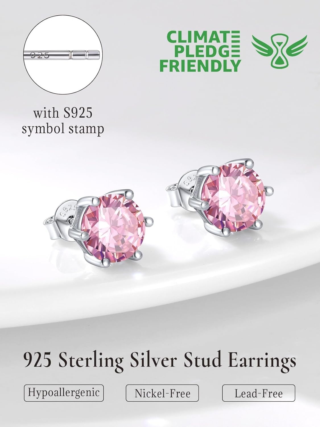 imageSILVERCUTE 925 Sterling Silver 2ct Birthstone Stud EarringsHypoallergenic RoundHeartSquare Birthstone Earrings for Women Birthday Christmas Jewelry10OctoberPink TourmalineRound