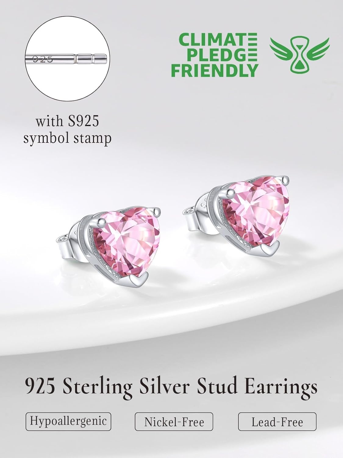 imageSILVERCUTE 925 Sterling Silver 2ct Birthstone Stud EarringsHypoallergenic RoundHeartSquare Birthstone Earrings for Women Birthday Christmas Jewelry10OctoberPink TourmalineHeart