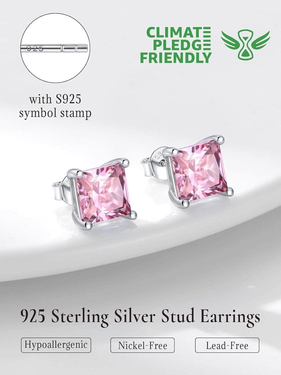 imageSILVERCUTE 925 Sterling Silver 2ct Birthstone Stud EarringsHypoallergenic RoundHeartSquare Birthstone Earrings for Women Birthday Christmas Jewelry10OctoberPink TourmalineSquare