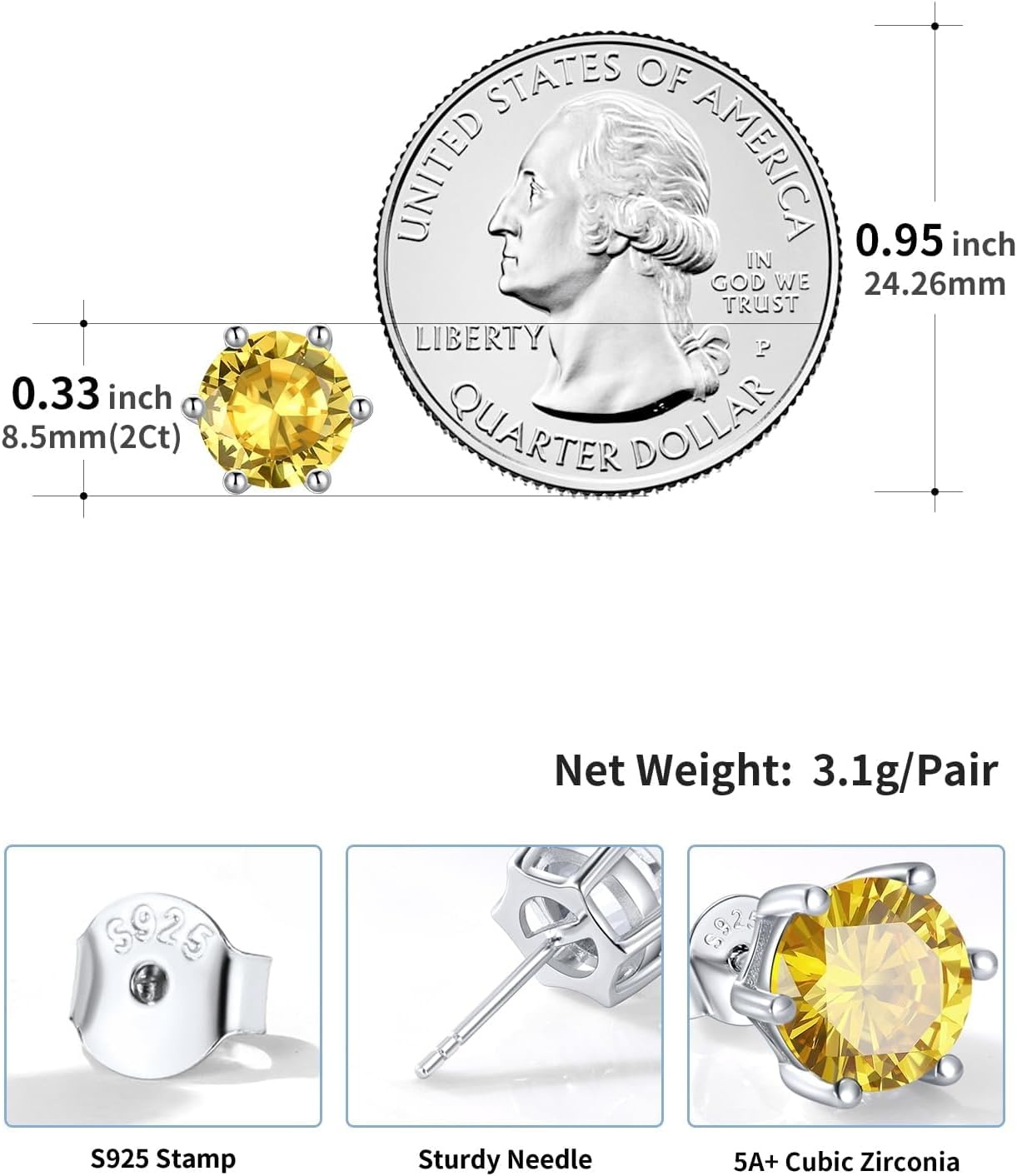 imageSILVERCUTE 925 Sterling Silver 2ct Birthstone Stud EarringsHypoallergenic RoundHeartSquare Birthstone Earrings for Women Birthday Christmas Jewelry11NovemberYellow TopazRound