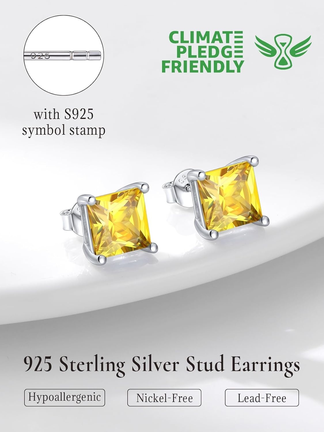 imageSILVERCUTE 925 Sterling Silver 2ct Birthstone Stud EarringsHypoallergenic RoundHeartSquare Birthstone Earrings for Women Birthday Christmas Jewelry11NovemberYellow TopazSquare