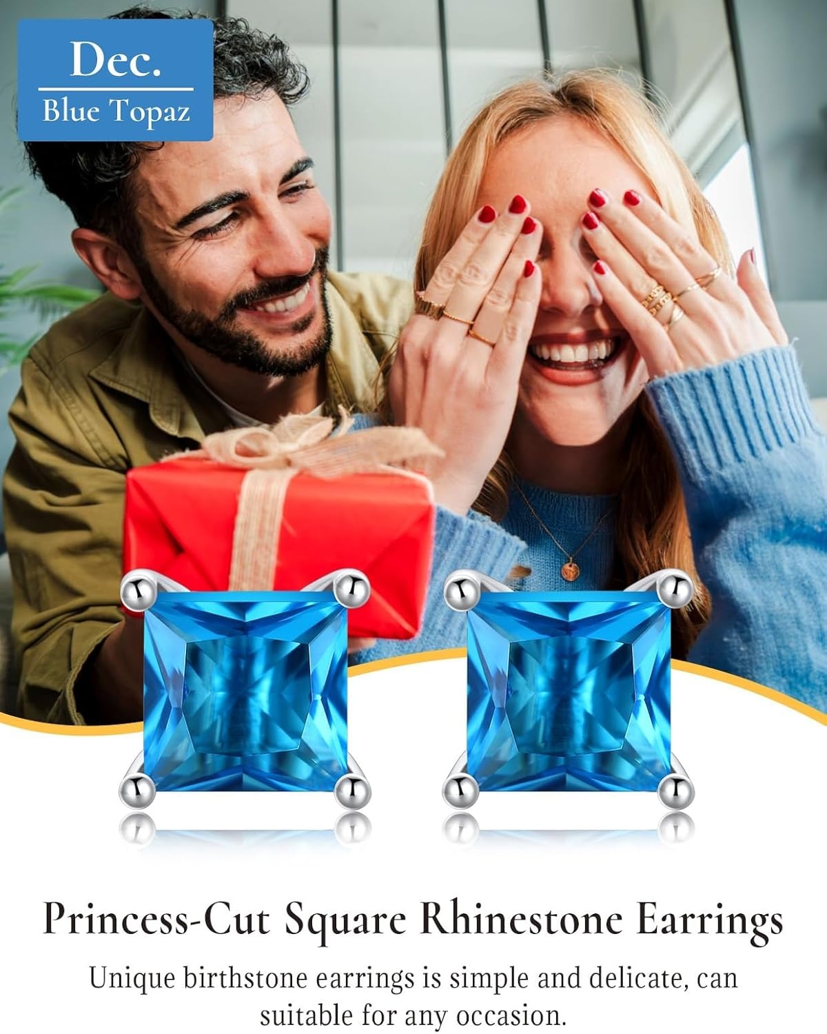 imageSILVERCUTE 925 Sterling Silver 2ct Birthstone Stud EarringsHypoallergenic RoundHeartSquare Birthstone Earrings for Women Birthday Christmas Jewelry12DecemberBlue TopazSquare