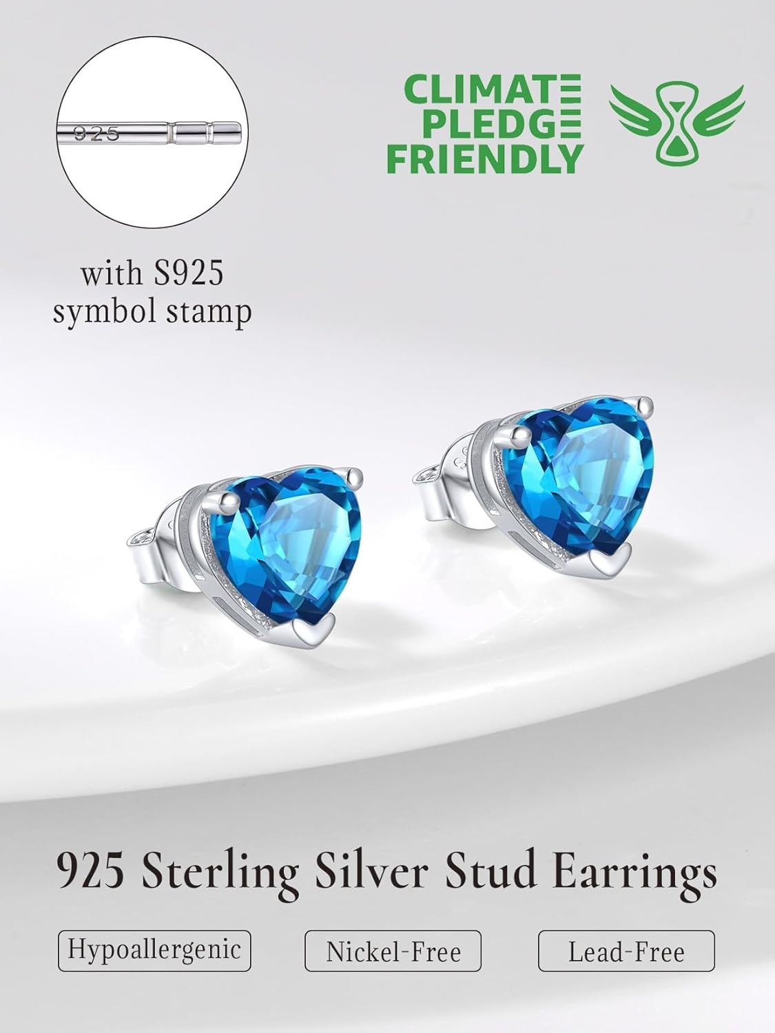 imageSILVERCUTE 925 Sterling Silver 2ct Birthstone Stud EarringsHypoallergenic RoundHeartSquare Birthstone Earrings for Women Birthday Christmas Jewelry12DecemberBlue TopazHeart