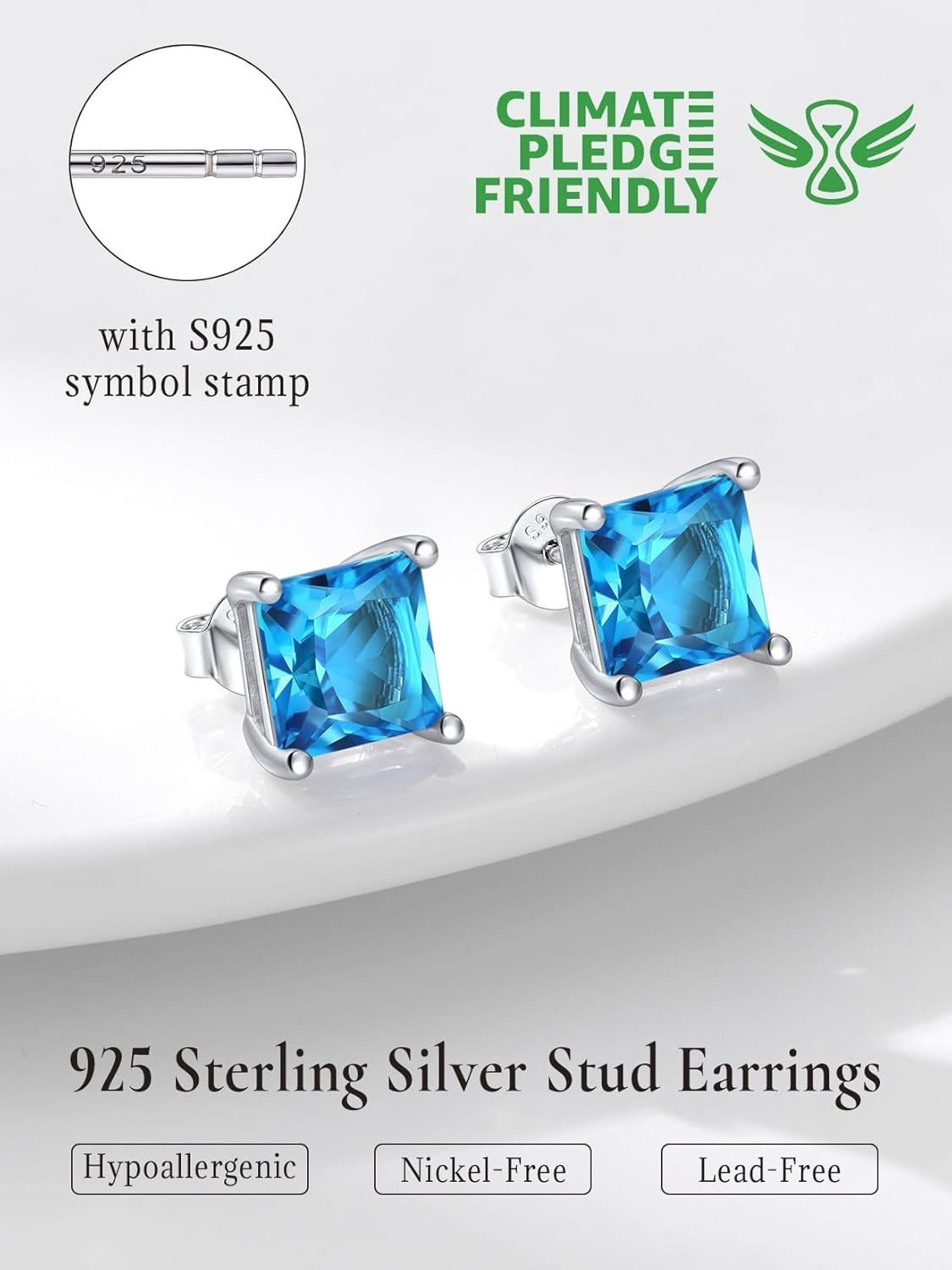imageSILVERCUTE 925 Sterling Silver 2ct Birthstone Stud EarringsHypoallergenic RoundHeartSquare Birthstone Earrings for Women Birthday Christmas Jewelry12DecemberBlue TopazSquare