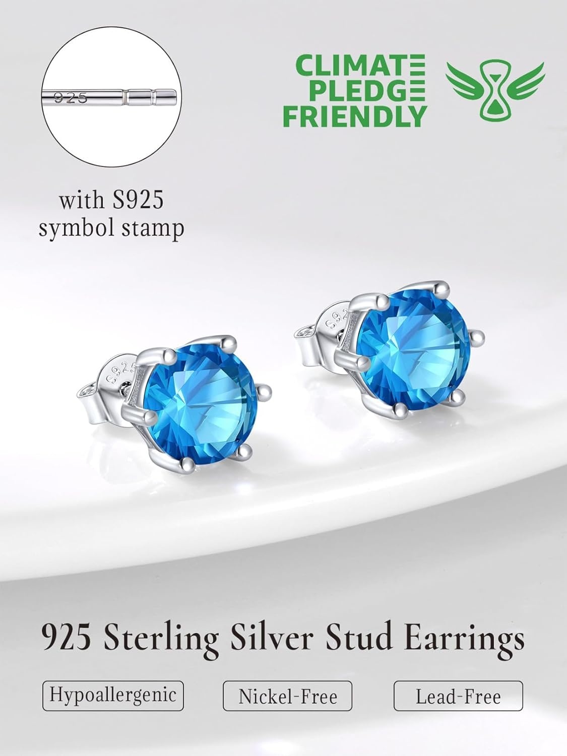 imageSILVERCUTE 925 Sterling Silver 2ct Birthstone Stud EarringsHypoallergenic RoundHeartSquare Birthstone Earrings for Women Birthday Christmas Jewelry12DecemberBlue TopazRound
