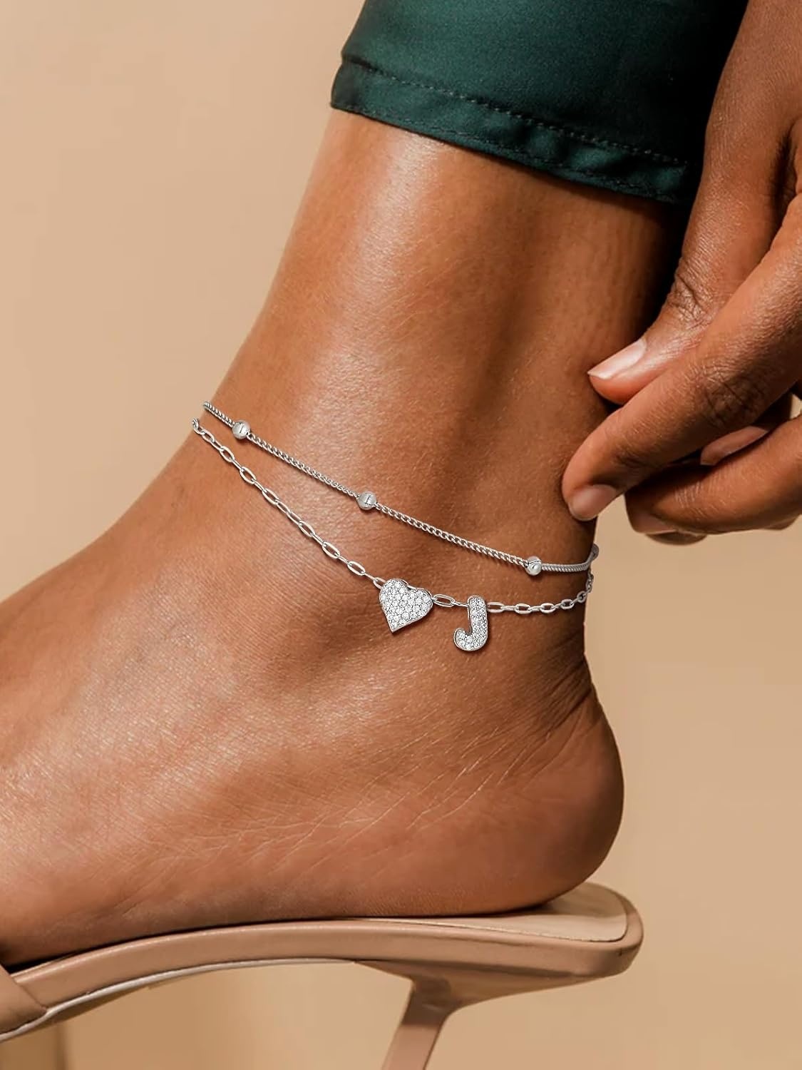imageU7 Heart Initial Ankle Bracelets for Women Waterproof Silver14K Gold Plated Anklets CZ Initial Heart Anklets Stainless Steel Summer Beach Ankle Adjustable 85105Silver