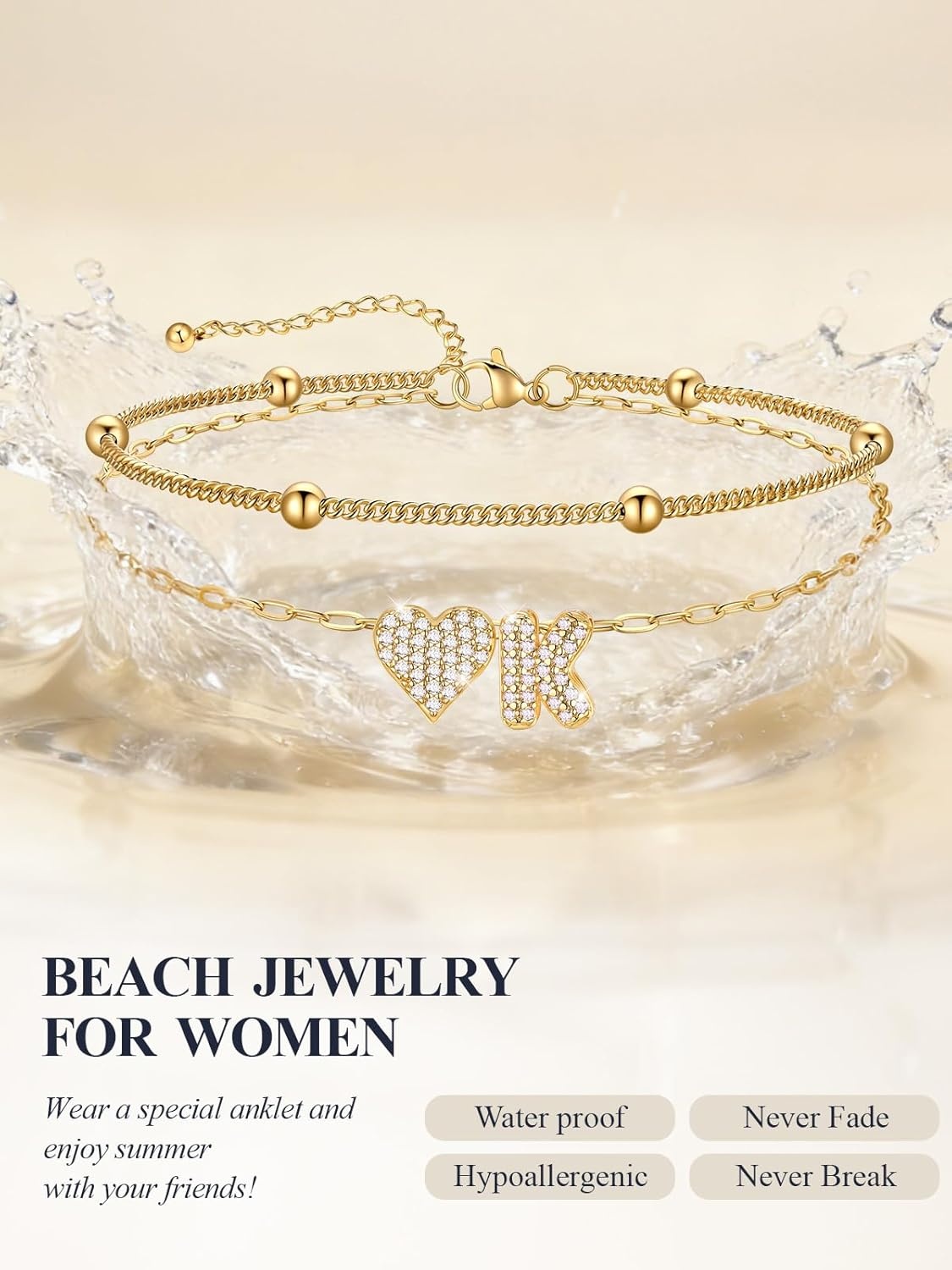 imageU7 Heart Initial Ankle Bracelets for Women Waterproof Silver14K Gold Plated Anklets CZ Initial Heart Anklets Stainless Steel Summer Beach Ankle Adjustable 85105Gold
