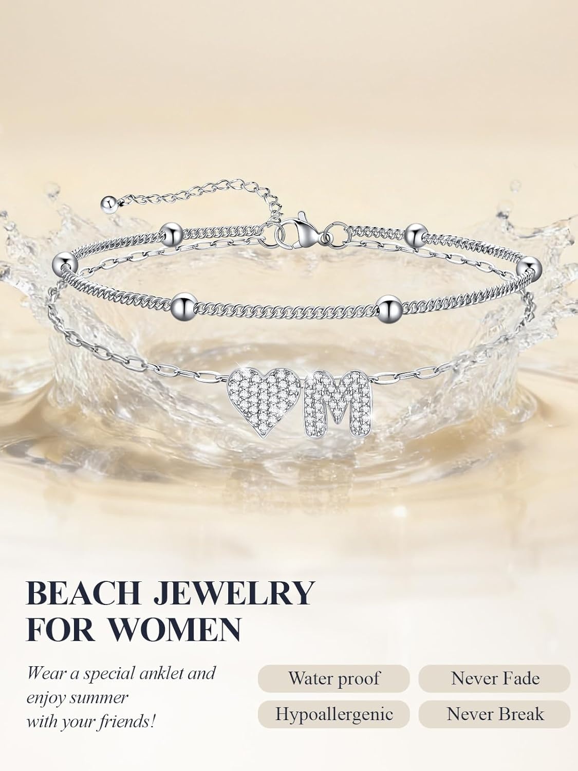 imageU7 Heart Initial Ankle Bracelets for Women Waterproof Silver14K Gold Plated Anklets CZ Initial Heart Anklets Stainless Steel Summer Beach Ankle Adjustable 85105Silver