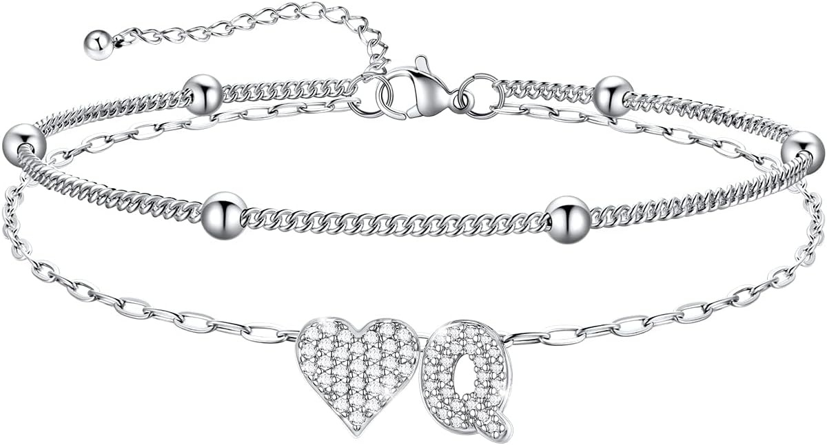 imageU7 Heart Initial Ankle Bracelets for Women Waterproof Silver14K Gold Plated Anklets CZ Initial Heart Anklets Stainless Steel Summer Beach Ankle Adjustable 85105Silver