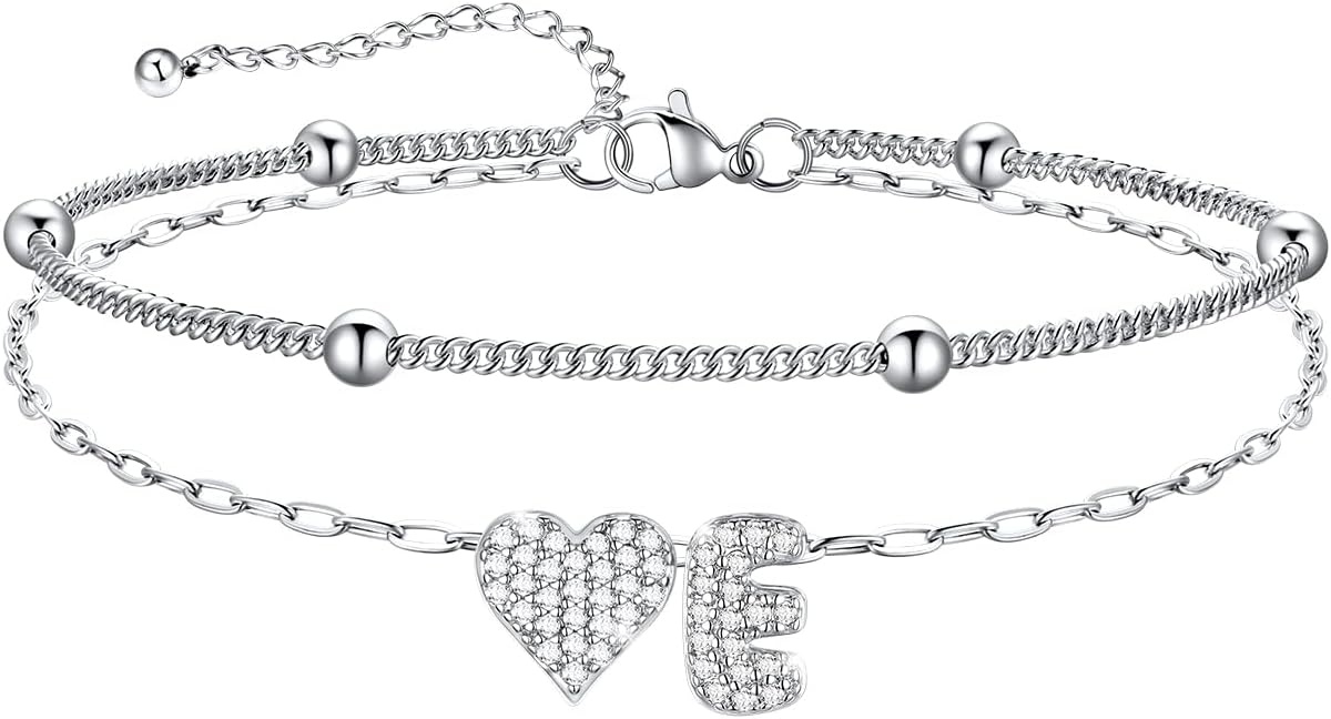 imageU7 Heart Initial Ankle Bracelets for Women Waterproof Silver14K Gold Plated Anklets CZ Initial Heart Anklets Stainless Steel Summer Beach Ankle Adjustable 85105Silver