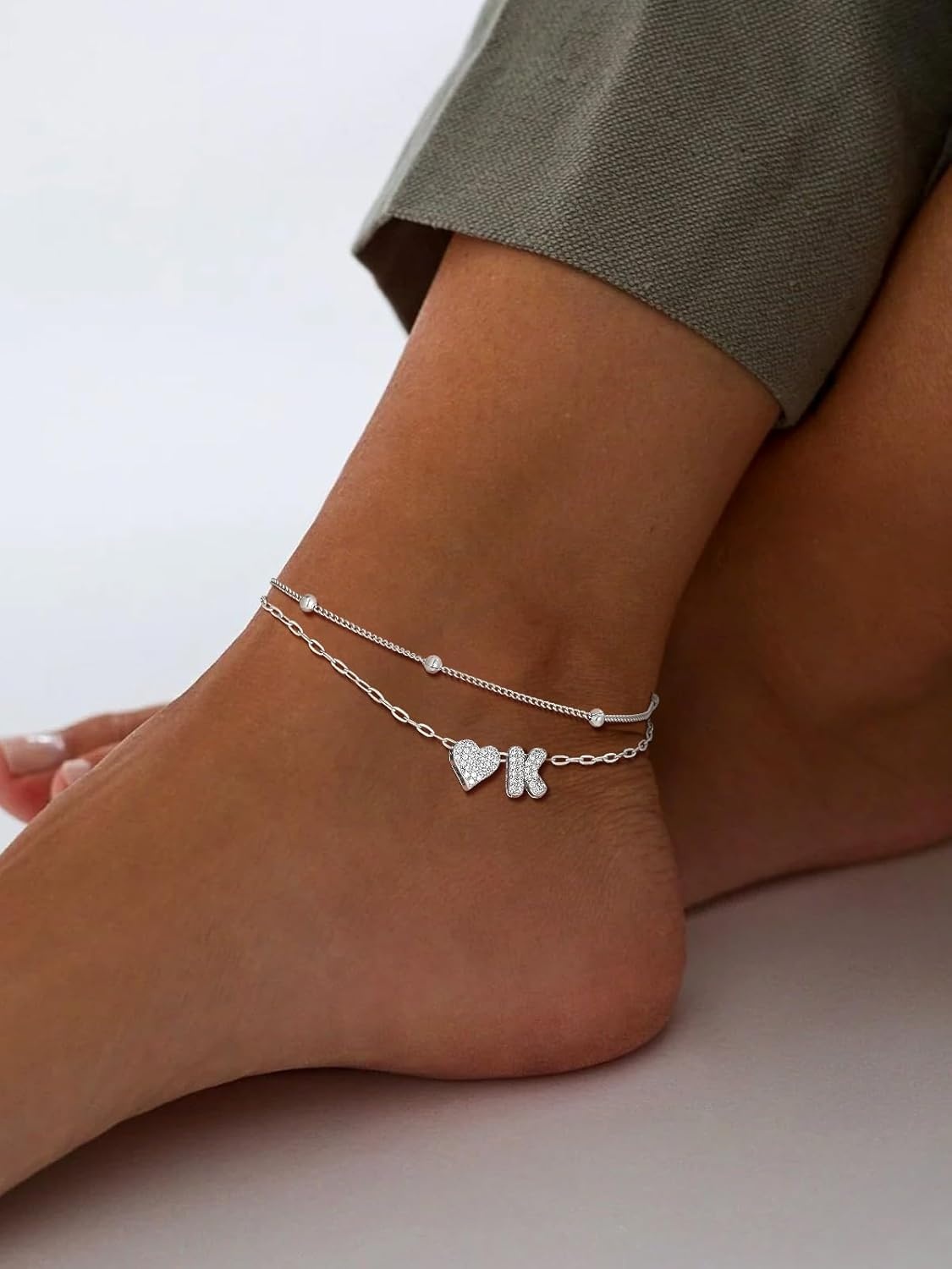 imageU7 Heart Initial Ankle Bracelets for Women Waterproof Silver14K Gold Plated Anklets CZ Initial Heart Anklets Stainless Steel Summer Beach Ankle Adjustable 85105Silver