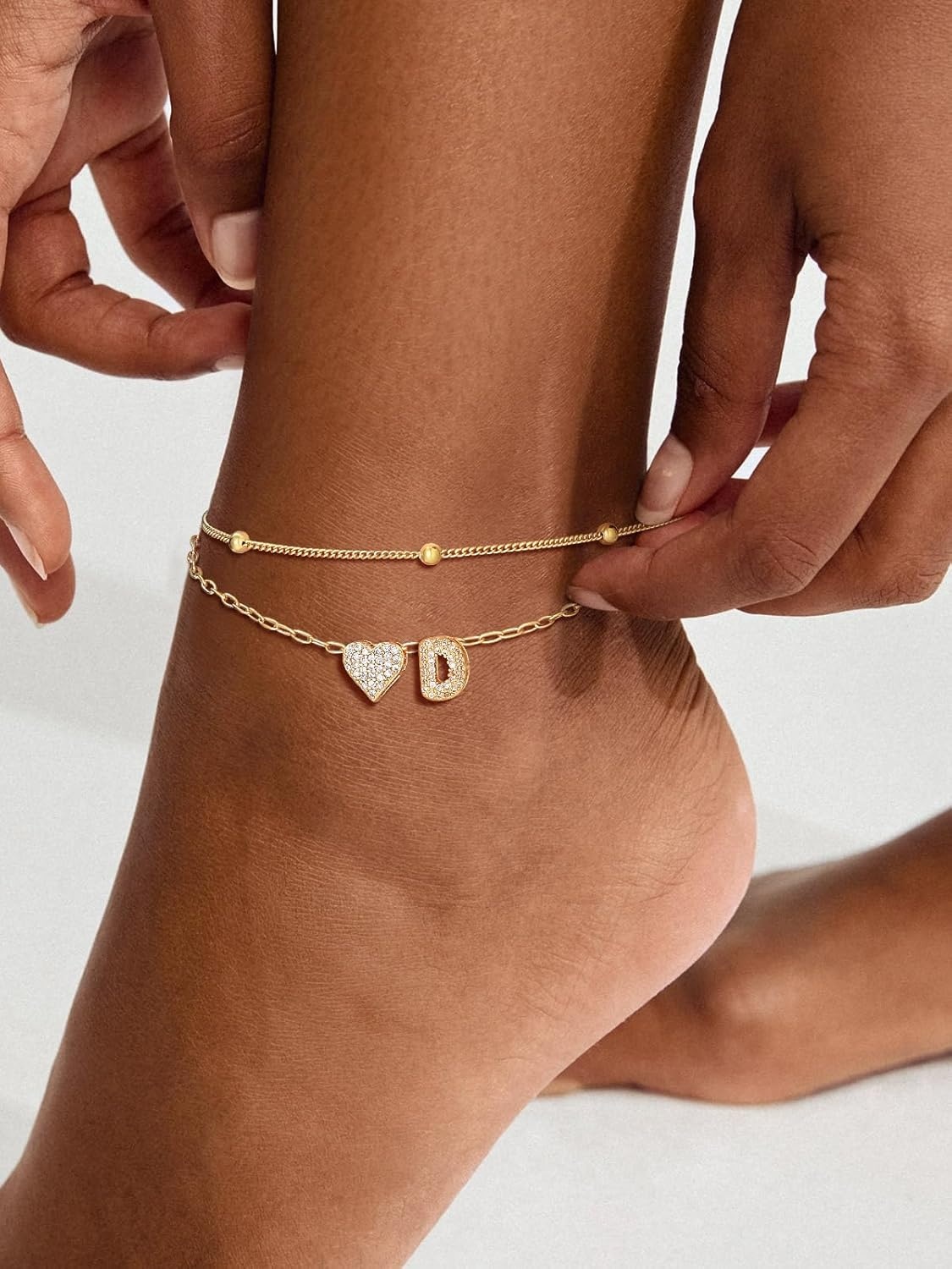imageU7 Heart Initial Ankle Bracelets for Women Waterproof Silver14K Gold Plated Anklets CZ Initial Heart Anklets Stainless Steel Summer Beach Ankle Adjustable 85105Gold