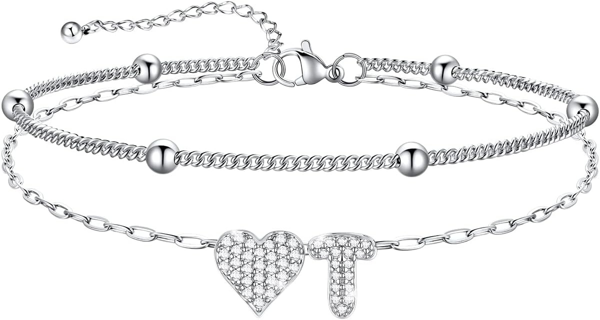 imageU7 Heart Initial Ankle Bracelets for Women Waterproof Silver14K Gold Plated Anklets CZ Initial Heart Anklets Stainless Steel Summer Beach Ankle Adjustable 85105Silver