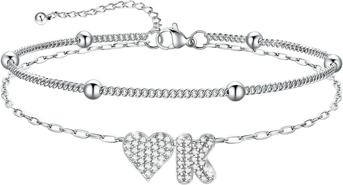 imageU7 Heart Initial Ankle Bracelets for Women Waterproof Silver14K Gold Plated Anklets CZ Initial Heart Anklets Stainless Steel Summer Beach Ankle Adjustable 85105Silver