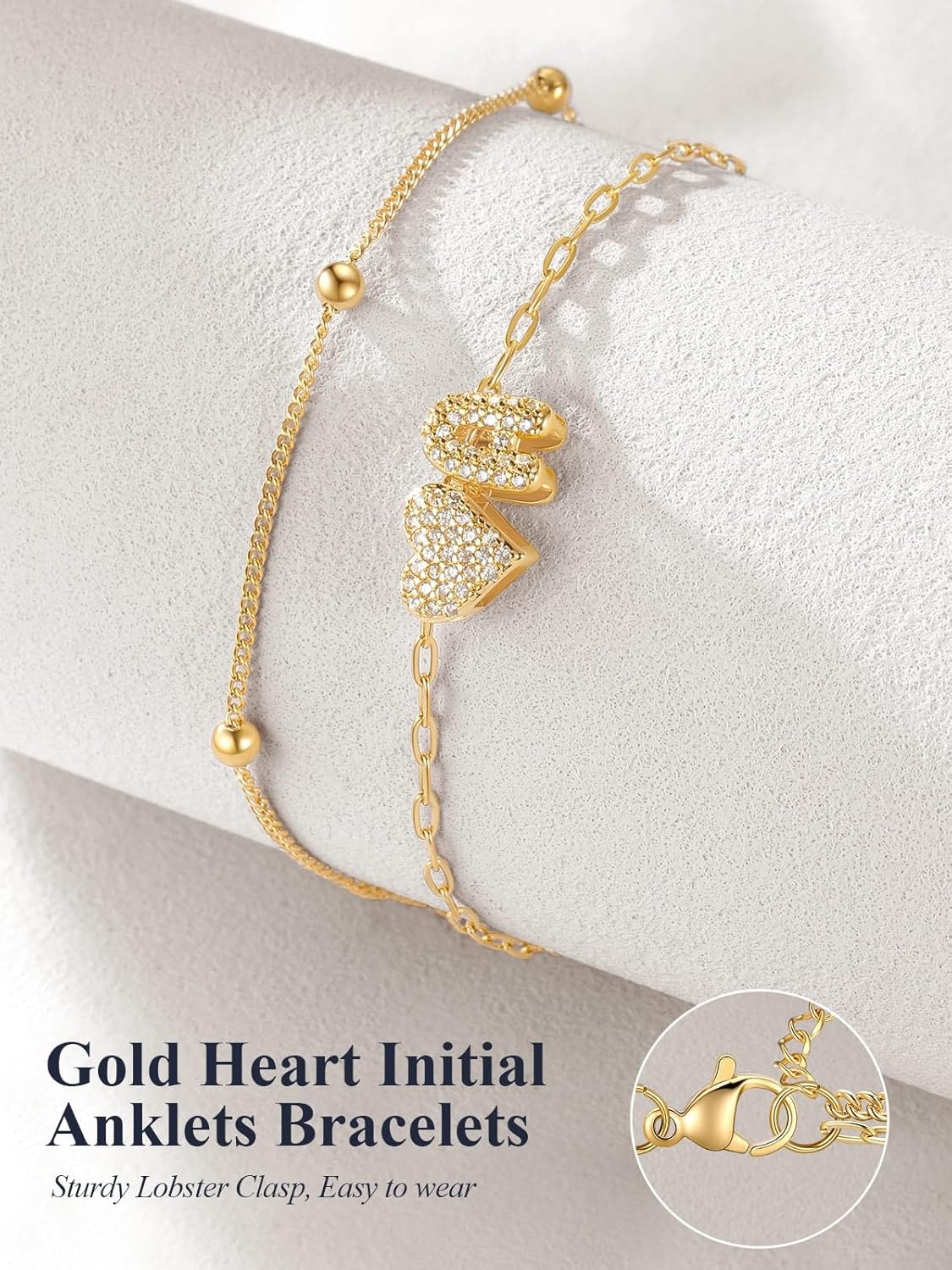 imageU7 Heart Initial Ankle Bracelets for Women Waterproof Silver14K Gold Plated Anklets CZ Initial Heart Anklets Stainless Steel Summer Beach Ankle Adjustable 85105Gold