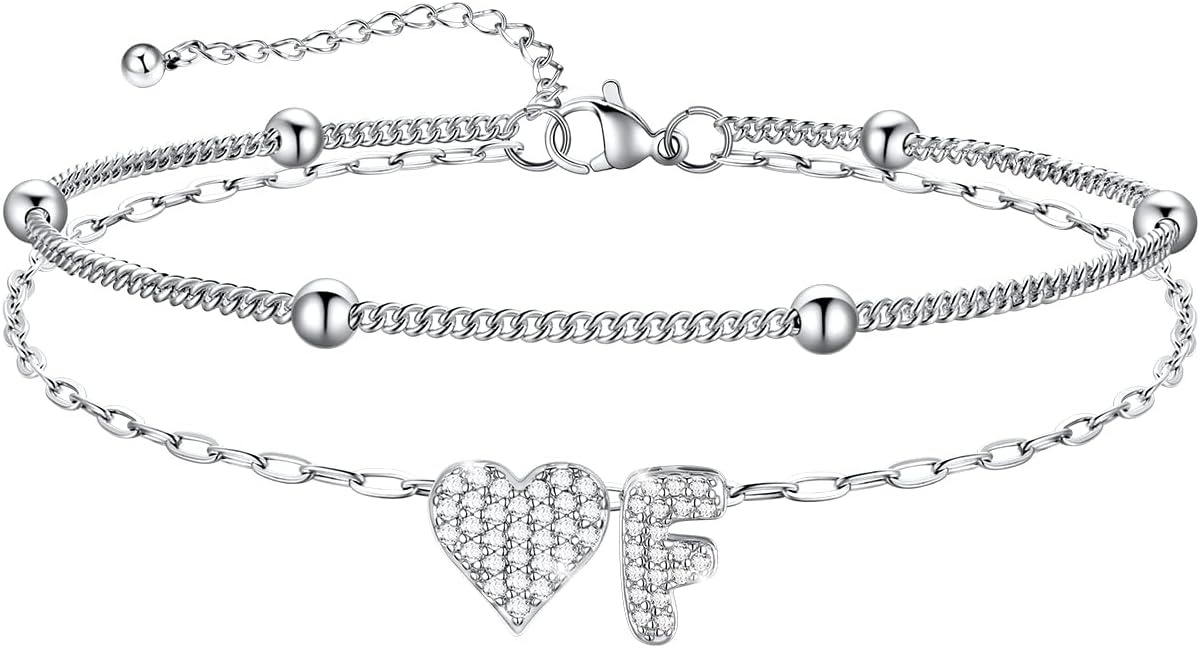 imageU7 Heart Initial Ankle Bracelets for Women Waterproof Silver14K Gold Plated Anklets CZ Initial Heart Anklets Stainless Steel Summer Beach Ankle Adjustable 85105Silver