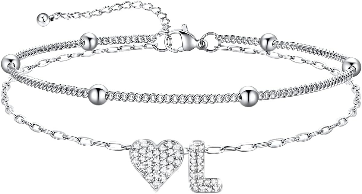 imageU7 Heart Initial Ankle Bracelets for Women Waterproof Silver14K Gold Plated Anklets CZ Initial Heart Anklets Stainless Steel Summer Beach Ankle Adjustable 85105Silver