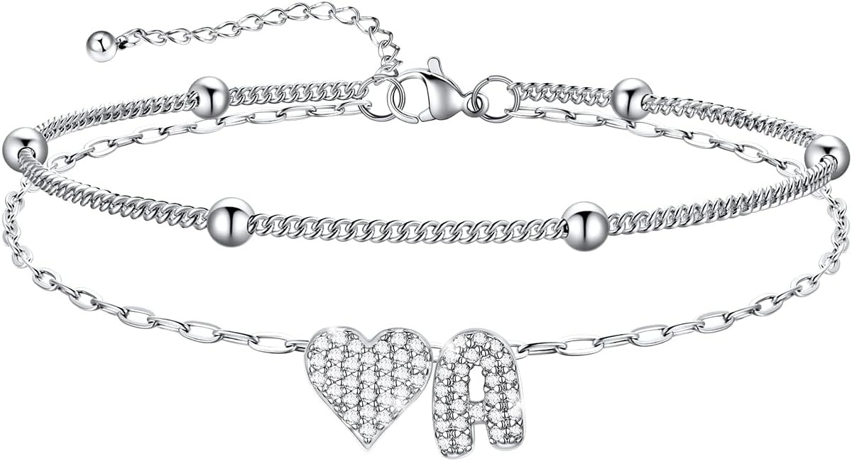 imageU7 Heart Initial Ankle Bracelets for Women Waterproof Silver14K Gold Plated Anklets CZ Initial Heart Anklets Stainless Steel Summer Beach Ankle Adjustable 85105Silver