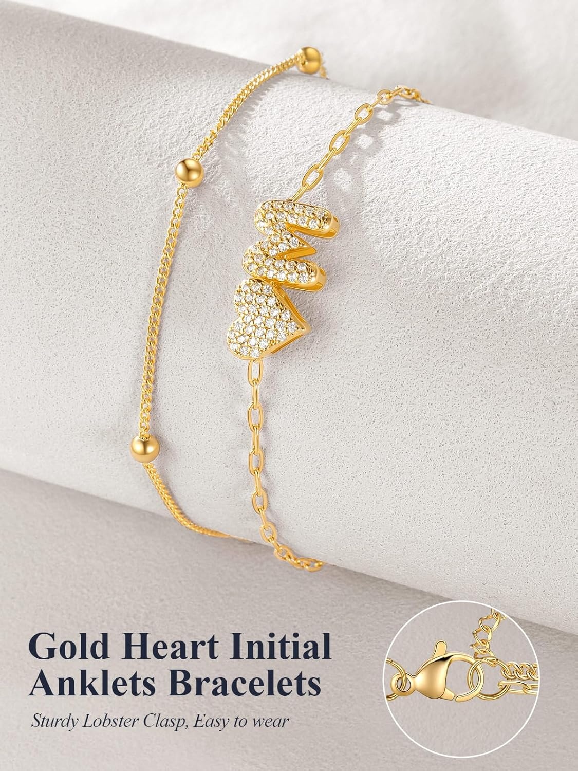imageU7 Heart Initial Ankle Bracelets for Women Waterproof Silver14K Gold Plated Anklets CZ Initial Heart Anklets Stainless Steel Summer Beach Ankle Adjustable 85105Gold