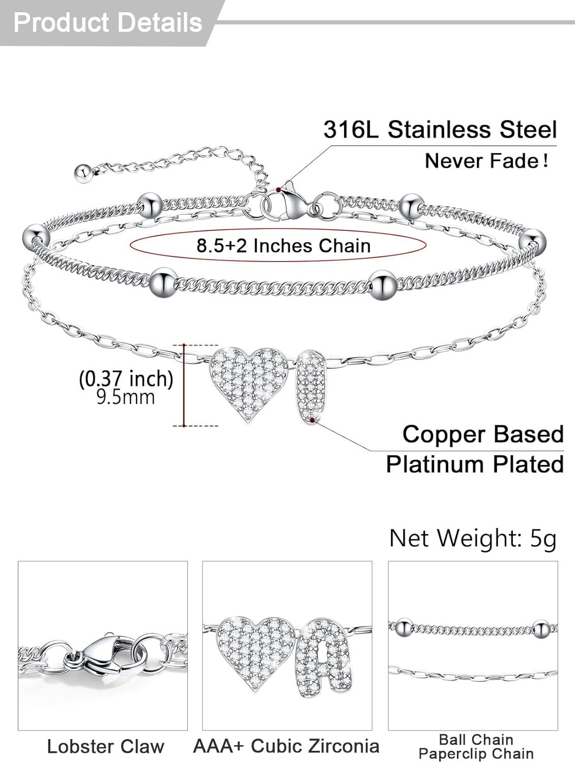 imageU7 Heart Initial Ankle Bracelets for Women Waterproof Silver14K Gold Plated Anklets CZ Initial Heart Anklets Stainless Steel Summer Beach Ankle Adjustable 85105Silver