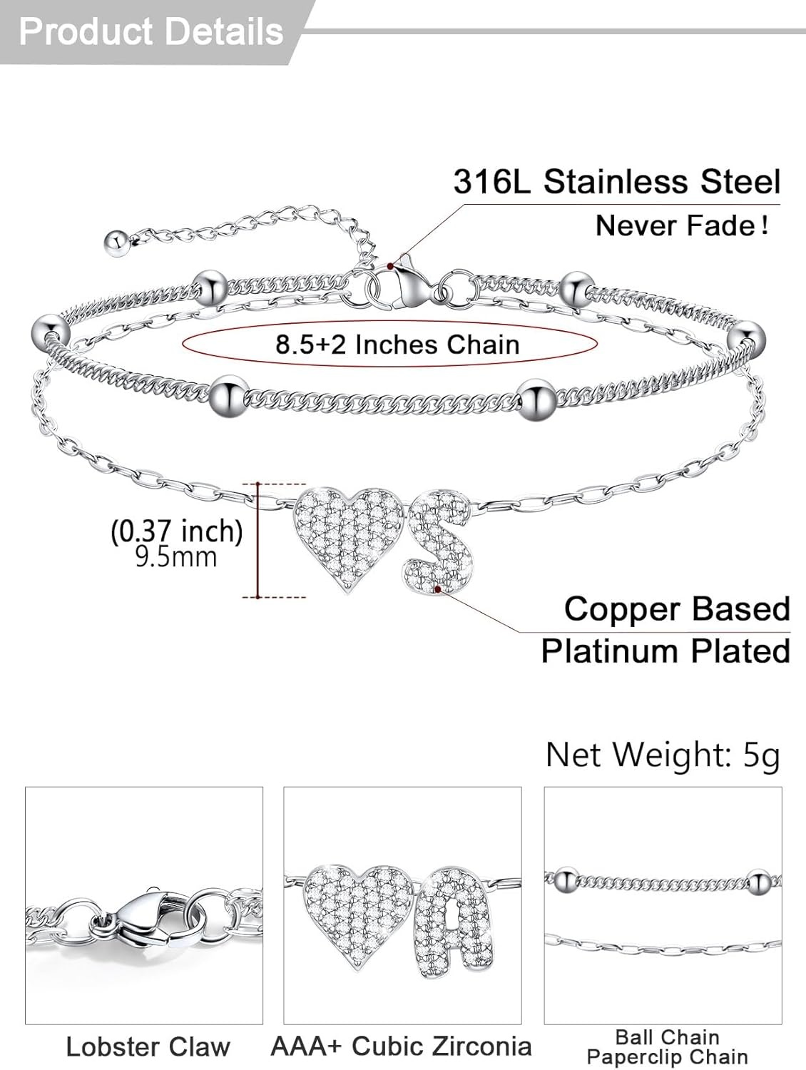 imageU7 Heart Initial Ankle Bracelets for Women Waterproof Silver14K Gold Plated Anklets CZ Initial Heart Anklets Stainless Steel Summer Beach Ankle Adjustable 85105Silver