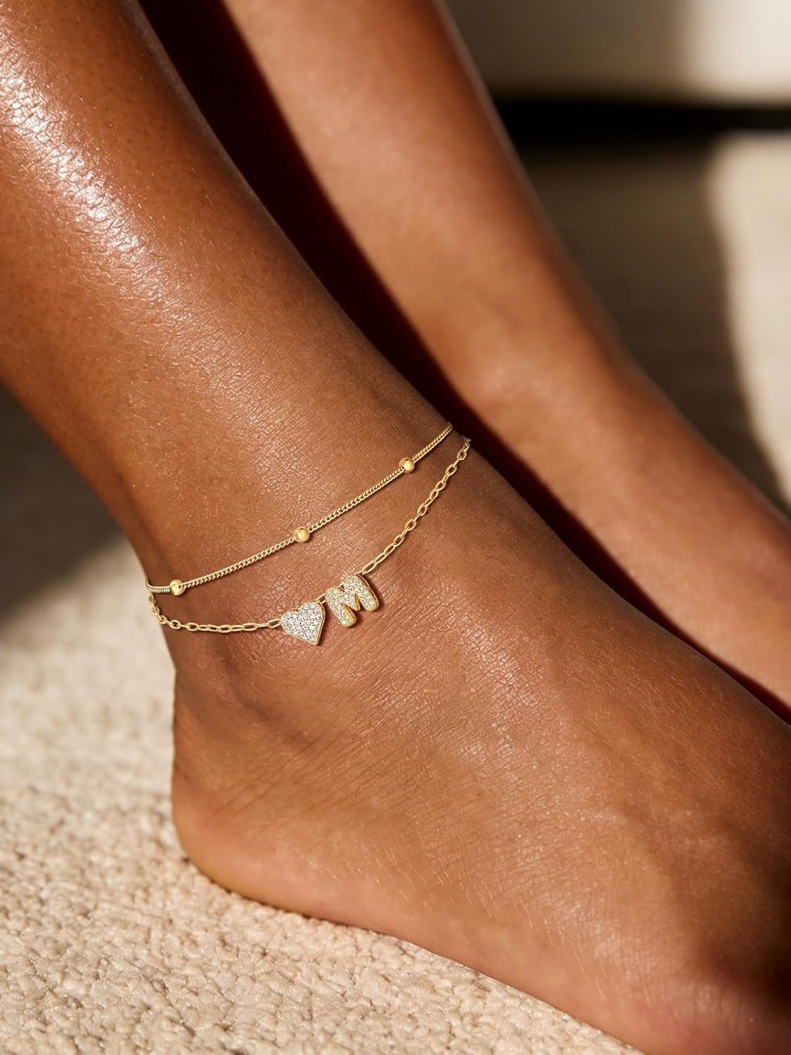 imageU7 Heart Initial Ankle Bracelets for Women Waterproof Silver14K Gold Plated Anklets CZ Initial Heart Anklets Stainless Steel Summer Beach Ankle Adjustable 85105Gold