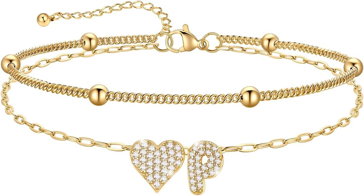 imageU7 Heart Initial Ankle Bracelets for Women Waterproof Silver14K Gold Plated Anklets CZ Initial Heart Anklets Stainless Steel Summer Beach Ankle Adjustable 85105Gold