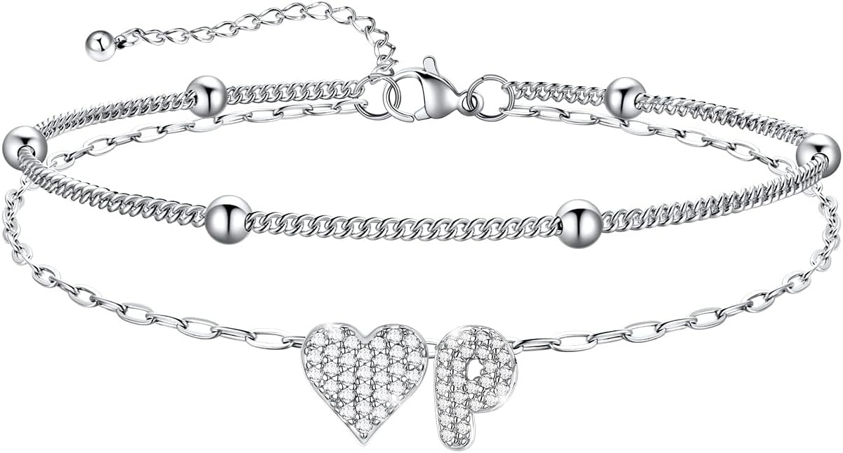 imageU7 Heart Initial Ankle Bracelets for Women Waterproof Silver14K Gold Plated Anklets CZ Initial Heart Anklets Stainless Steel Summer Beach Ankle Adjustable 85105Silver