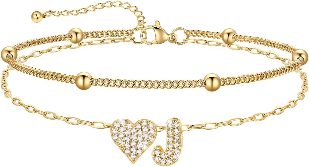 imageU7 Heart Initial Ankle Bracelets for Women Waterproof Silver14K Gold Plated Anklets CZ Initial Heart Anklets Stainless Steel Summer Beach Ankle Adjustable 85105Gold