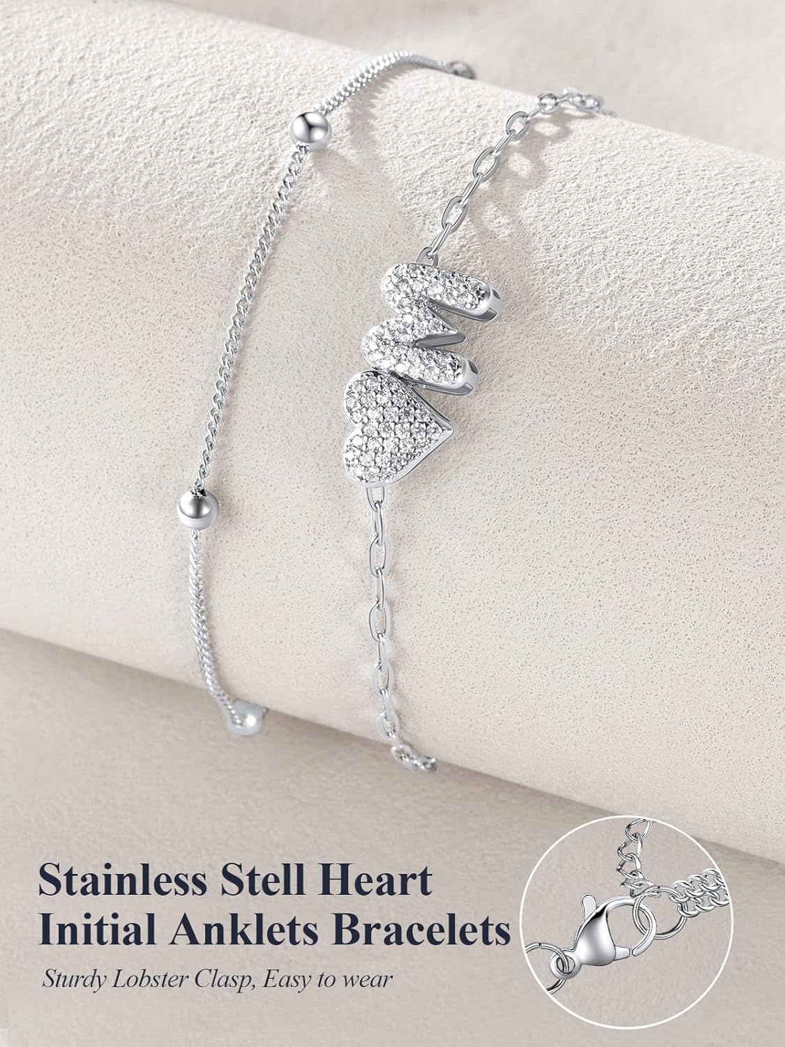 imageU7 Heart Initial Ankle Bracelets for Women Waterproof Silver14K Gold Plated Anklets CZ Initial Heart Anklets Stainless Steel Summer Beach Ankle Adjustable 85105Silver