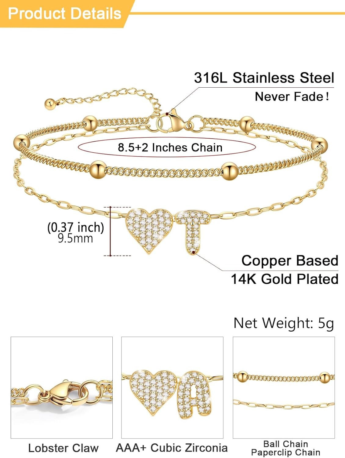 imageU7 Heart Initial Ankle Bracelets for Women Waterproof Silver14K Gold Plated Anklets CZ Initial Heart Anklets Stainless Steel Summer Beach Ankle Adjustable 85105Gold