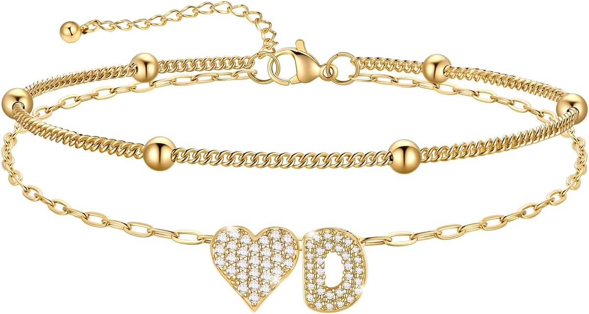 imageU7 Heart Initial Ankle Bracelets for Women Waterproof Silver14K Gold Plated Anklets CZ Initial Heart Anklets Stainless Steel Summer Beach Ankle Adjustable 85105Gold