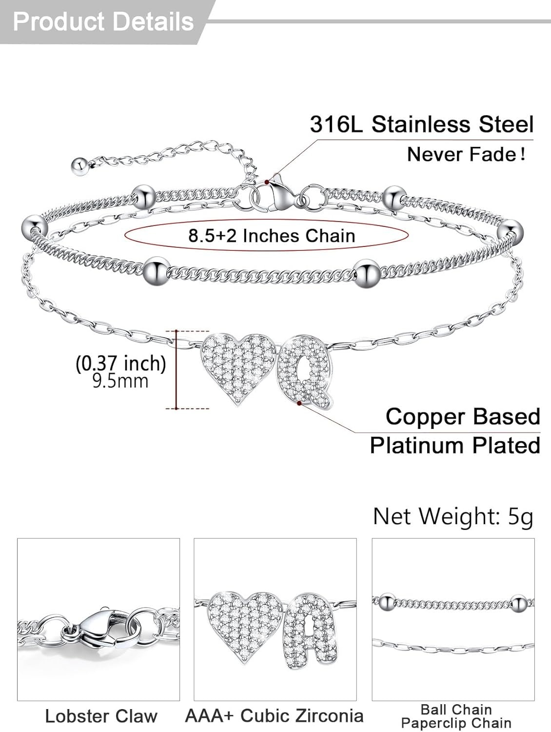 imageU7 Heart Initial Ankle Bracelets for Women Waterproof Silver14K Gold Plated Anklets CZ Initial Heart Anklets Stainless Steel Summer Beach Ankle Adjustable 85105Silver