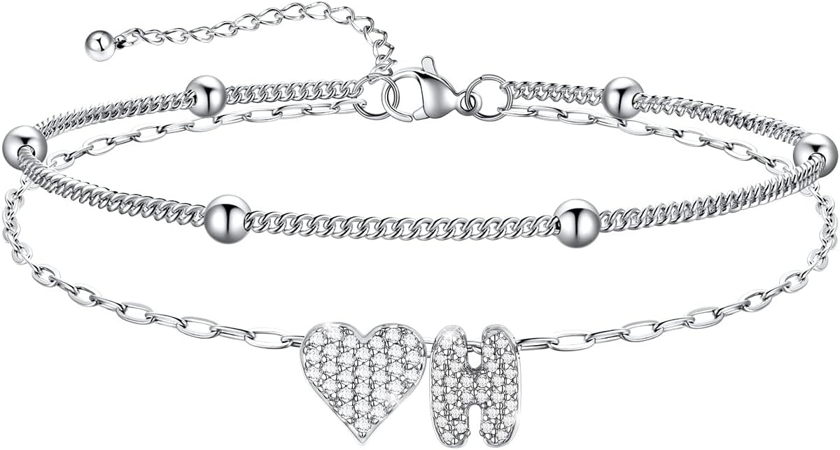 imageU7 Heart Initial Ankle Bracelets for Women Waterproof Silver14K Gold Plated Anklets CZ Initial Heart Anklets Stainless Steel Summer Beach Ankle Adjustable 85105Silver