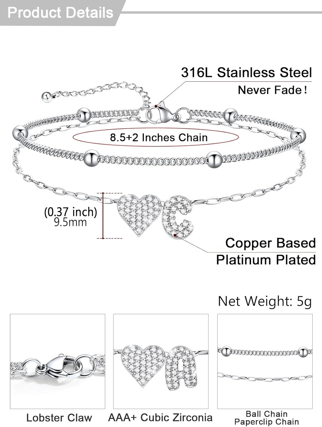 imageU7 Heart Initial Ankle Bracelets for Women Waterproof Silver14K Gold Plated Anklets CZ Initial Heart Anklets Stainless Steel Summer Beach Ankle Adjustable 85105Silver