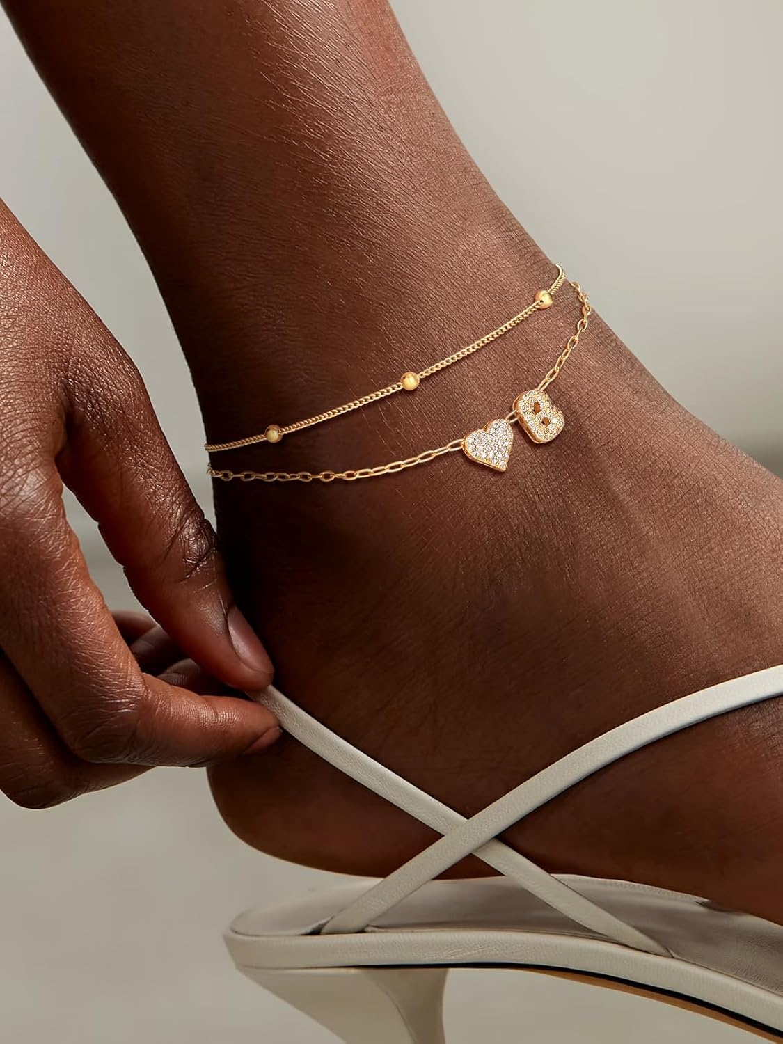 imageU7 Heart Initial Ankle Bracelets for Women Waterproof Silver14K Gold Plated Anklets CZ Initial Heart Anklets Stainless Steel Summer Beach Ankle Adjustable 85105Gold