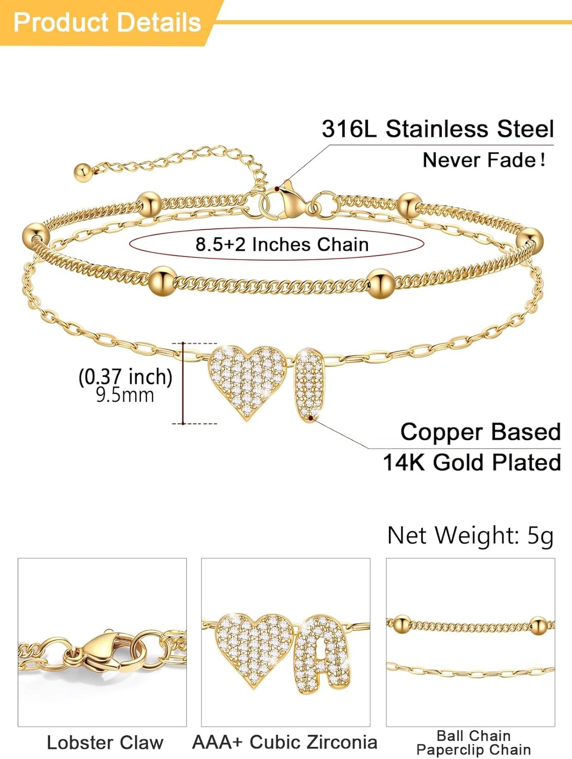 imageU7 Heart Initial Ankle Bracelets for Women Waterproof Silver14K Gold Plated Anklets CZ Initial Heart Anklets Stainless Steel Summer Beach Ankle Adjustable 85105Gold