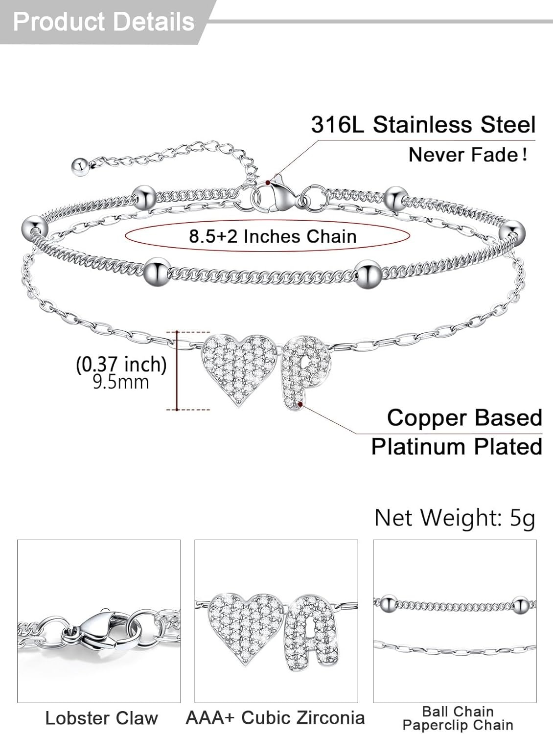imageU7 Heart Initial Ankle Bracelets for Women Waterproof Silver14K Gold Plated Anklets CZ Initial Heart Anklets Stainless Steel Summer Beach Ankle Adjustable 85105Silver