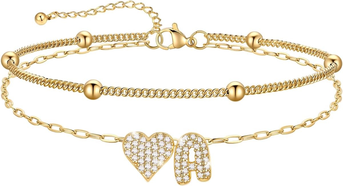 imageU7 Heart Initial Ankle Bracelets for Women Waterproof Silver14K Gold Plated Anklets CZ Initial Heart Anklets Stainless Steel Summer Beach Ankle Adjustable 85105Gold