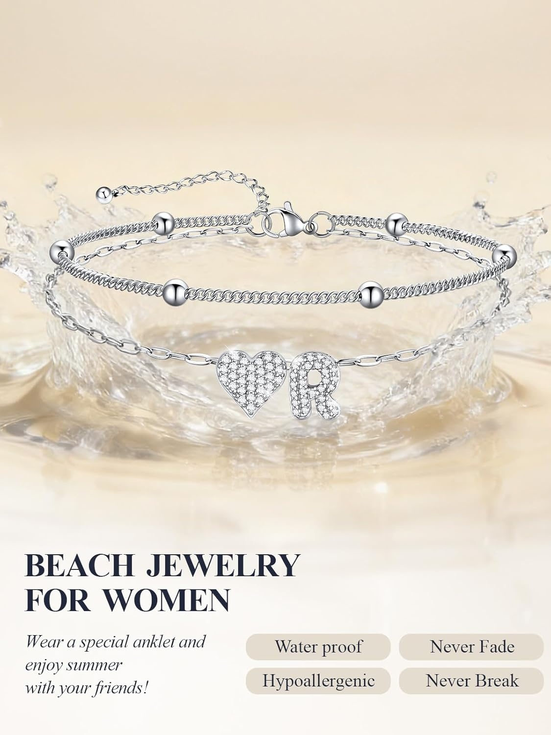 imageU7 Heart Initial Ankle Bracelets for Women Waterproof Silver14K Gold Plated Anklets CZ Initial Heart Anklets Stainless Steel Summer Beach Ankle Adjustable 85105Silver